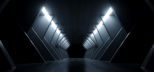 Sci Fi Modern Futuristic Angular Cement Dark Alien Spaceship Room Tunnel Corridor White Concrete Rough Grunge Studio Garage Hangar White Lights 3D Rendering © IM_VISUALS