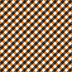 Halloween Argyle plaid. Scottish pattern in orange, black, white and gray rhombuses. Scottish cage. Traditional Scottish background of diamonds. Seamless fabric texture. Vector illustration