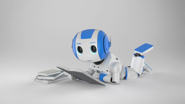 Machine learning concept with 3d rendering mini robot reading a book 4k footage