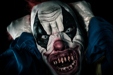 scary evil clown pulling his hair