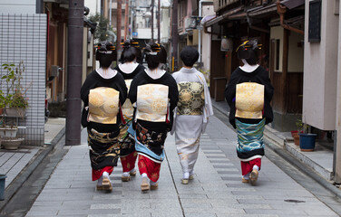 Traditional geisha and maiko out and about walking in Gion Kyoto Japan.	