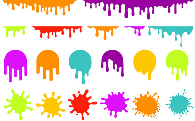 Color dripping paint. Vector ink splashes.  Set of liquid stains isolated on white background. Abstract blobs for borders, frames and logotypes. Colored dripping shapes for creative design and art.