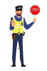 Police officer holding stop sign. Policeman standing with road sign in uniform, hand gesture to stop. Safe driving in city vector illustration. Street rules and safety outdoor