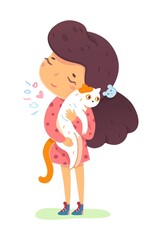Girl holding cat in arms. Sense of touch vector illustration. Small happy child standing in nature and hugging pet with love and care. Joyful education at childhood. Cute smiling kid