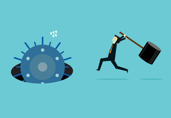 Businessman holding hammer run to hit virus