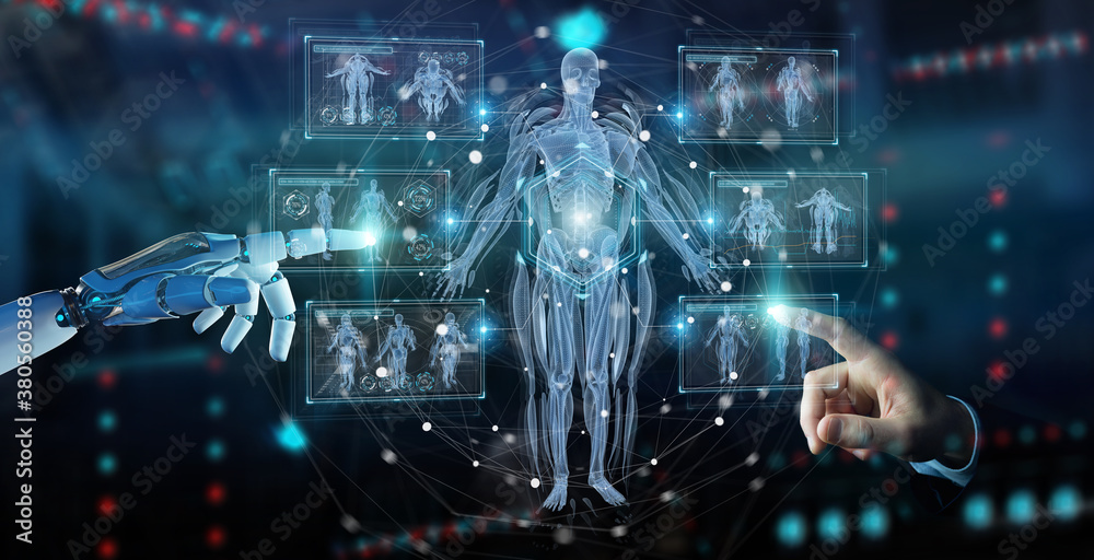 Poster Robot hand using digital x-ray human body holographic scan projection 3D rendering