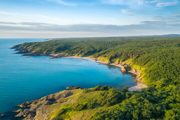 Fototapeta na wymiar Aerial panoramic view of picturesque coastline with sand beaches, rocks and green forests on the southern Black Sea coast, Bulgaria.