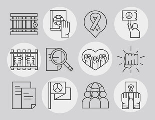 international human rights day, humanitarian, peace, justice, and more, icons set line style
