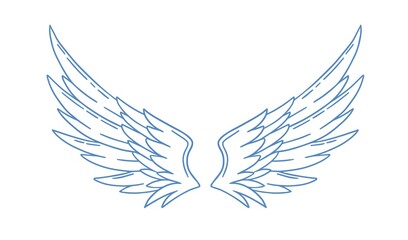 Pair of monochrome wide open angel wings vector illustration in outline style. Cute bird or amour feather wing with design elements isolated on white background. Romantic symbol of holy or cupid