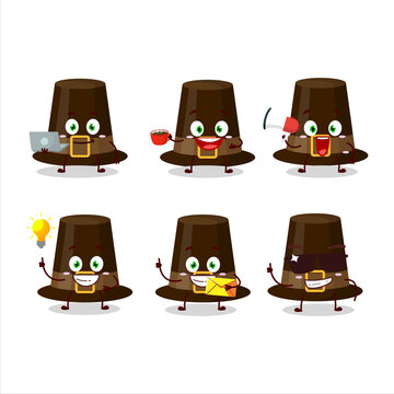 Brown pilgrims hat cartoon character with various types of business emoticons