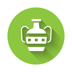 White Ancient amphorae icon isolated with long shadow. Green circle button. Vector.