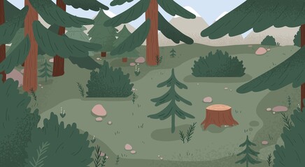 Natural forest landscape vector flat illustration. Wild woods scenery with spruces, stumps, bushes, trees and grass. Empty environment with plants and mountains. Wilderness area, woodland location