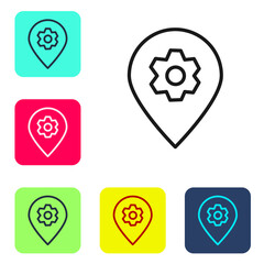 Black line Location with car service icon isolated on white background. Auto mechanic service. Repair service auto mechanic. Set icons in color square buttons. Vector Illustration.