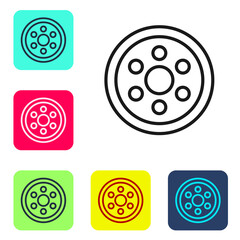 Black line Alloy wheel for a car icon isolated on white background. Set icons in color square buttons. Vector Illustration.