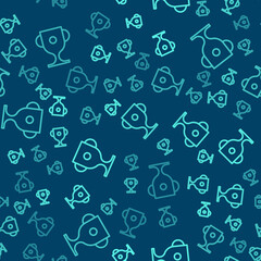 Green line Award cup icon isolated seamless pattern on blue background. Winner trophy symbol. Championship or competition trophy. Sports achievement sign. Vector Illustration.