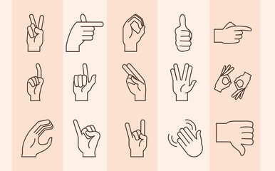 sign language hands doing alphabet line icons set