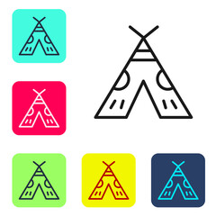 Black line Traditional indian teepee or wigwam icon isolated on white background. Indian tent. Set icons in color square buttons. Vector Illustration.