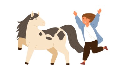 Joyful little girl running to hug adorable pony vector flat illustration. Smiling female child happy to meeting animal friend isolated on white. Cute kid and small horse enjoying friendship