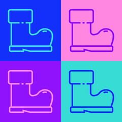 Pop art line Waterproof rubber boot icon isolated on color background. Gumboots for rainy weather, fishing, gardening. Vector Illustration.