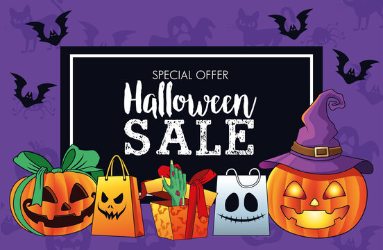 halloween sale seasonal poster with death hand coming out of gift and pumpkins