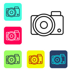 Black line Photo camera icon isolated on white background. Foto camera icon. Set icons in color square buttons. Vector Illustration.