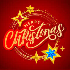 Merry Christmas card with hand drawn lettering and stars on dark background. Cute Holiday golden frame background