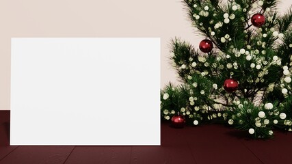 Blank Christmas card on wood floor and a Christmas tree in the background 3D rendering. Copy space Christmas background.