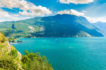 Aerial view at Linfano and Torbole village at lake Garda, Italy. on a beautiful summer day