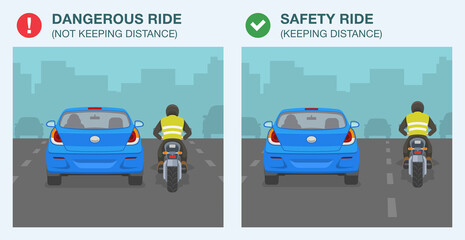 Modern blue sedan car and sport motorcycle on a city highway. Safety and dangerous ride. Keep a safe distance infographic. Flat vector illustration template.