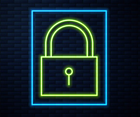 Glowing neon line Lock icon isolated on brick wall background. Padlock sign. Security, safety, protection, privacy concept. Vector Illustration.