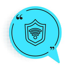 Black line Shield with WiFi wireless internet network symbol icon isolated on white background. Protection safety concept. Blue speech bubble symbol. Vector.