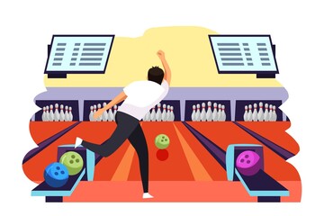 Man throwing ball playing bowling. Guy throws ball on lane into tenpins and skittles. Recreation and hobby vector illustration. Night entertainment, fun leisure activity