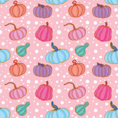 wallpaper of different kinds of pumpkins on a pink background for autumn