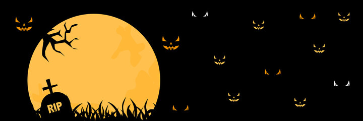 Big full moon, devil tree, cemetery and monster eyes with dark background vector illustration 