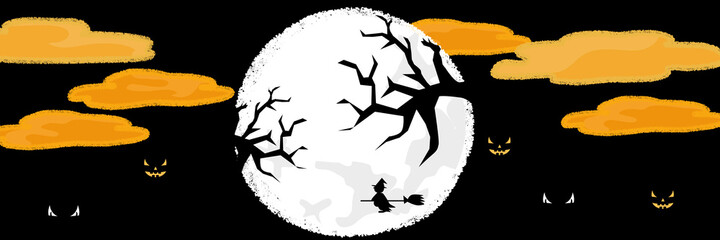 halloween banner, full moon, devil tree and monster eyes in the night with black background, vector illustration
