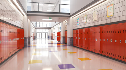 Long school corridor with red lockers , 3d illustration - 380570376