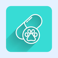 White line Dog pill icon isolated with long shadow. Prescription medicine for animal. Green square button. Vector.