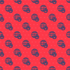 Blue line World pet icon isolated seamless pattern on red background. Vector.