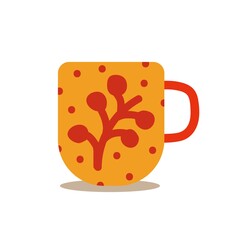 Hand drawn cozy cup for autumn evenings. Orange cup with twig pattern on it. Dotted. Autumn greeting card. Cartoon Vector illustration