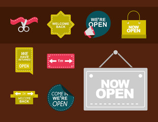 set of we are open signboards for business flat icons