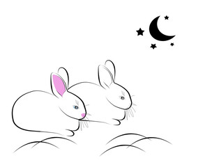 drawing of cute bunny rabbits with the crescent moon on white background