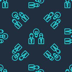 Green line People with lamp bulb icon isolated seamless pattern on blue background. Concept of idea. Vector.