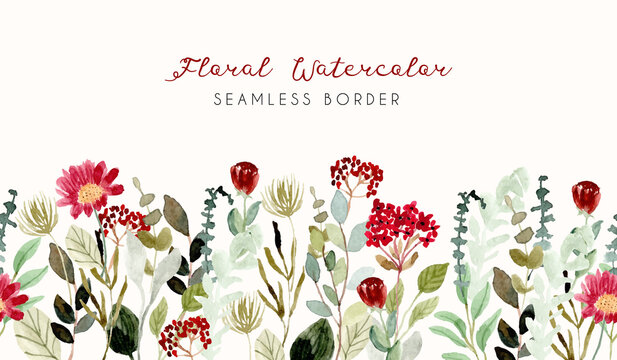 Red Green Flower Garden Watercolor Seamless Border