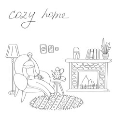 Happy man resting at home. Cozy house with fireplace. Seasonal concept for card, poster, sticker. Linear hand drawn illustration
