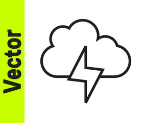 Black line Storm icon isolated on white background. Cloud and lightning sign. Weather icon of storm. Vector.