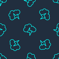 Green line Storm icon isolated seamless pattern on blue background. Cloud and lightning sign. Weather icon of storm. Vector.