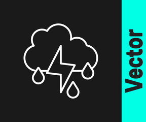 White line Cloud with rain and lightning icon isolated on black background. Rain cloud precipitation with rain drops.Weather icon of storm. Vector.