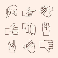 sign language hand gesture indicating different letters alphabet line icons