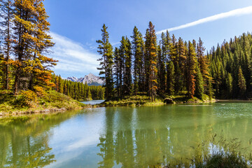 The Rocky Mountains. Beautiful Canadian Landscape. The view of lovely  Moose Lake and Samson Peak in Jasper National Park, Alberta, Canada, North  America 