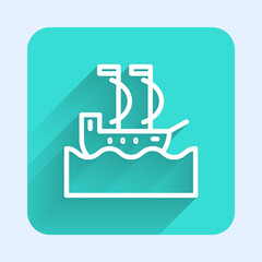 White line Sailboat or sailing ship icon isolated with long shadow. Sail boat marine cruise travel. Green square button. Vector.